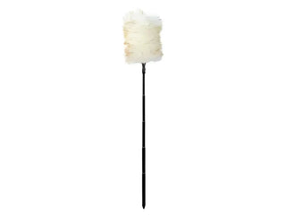 Vit fluffig dammvippa med svart teleskopskaft.
