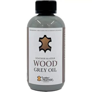 Flaska med Leather Master Wood Grey Oil.