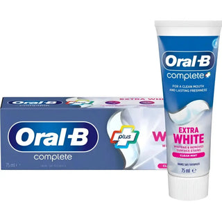Oral-B Complete Extra White tandkräm i tub och ask.