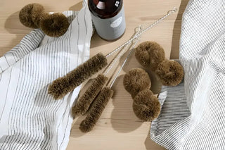 Assorterade naturliga fiber rengöringsborstar och scrubbers för flaskor och städprodukter
