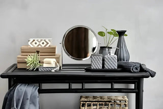 Bathroom vanity with decorative storage and accessories featuring LENE BJERRE Portia Tvålfat för fräsch längre städprodukter