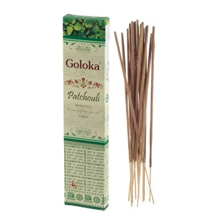 En ask med Goloka Patchouli rökelsepinnar.