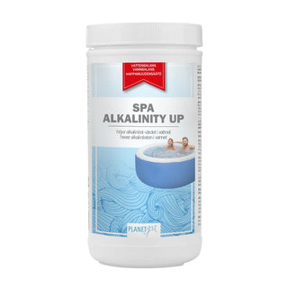 PLANET SPA Alkalinity Up, 1,0 kg burk för att höja alkaliniteten i spavatten. Förpackning med tydlig etikett och blå design.