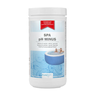 PLANET SPA pH Minus, 1,5 kg burk för att sänka pH-värdet i spavatten. Vit plastburk med blå etikett och bild på spabad.