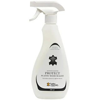 Vit sprayflaska med Leather Master Protect Plastic Wood Sealer.