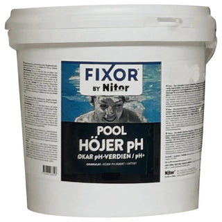 Vit plasthink med pH-höjare för pool.