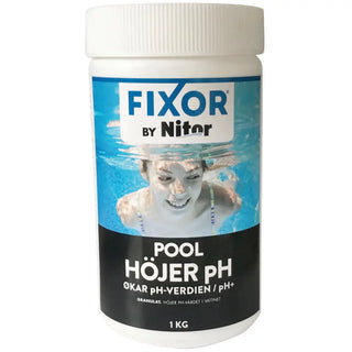 Vit behållare med pH-höjare för pool.
