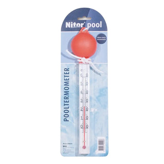 Förpackad flytande pooltermometer med en röd boj.