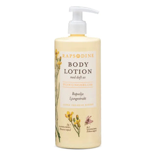 Gul bodylotion med pumpdispenser.