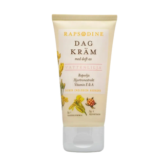 Rapsodine Dagkräm Vattenlilja - Ekologisk hudvård med rapsolja och hjortronextrakt i 50ml tub. Återfuktar och skyddar känslig hud dagligen.