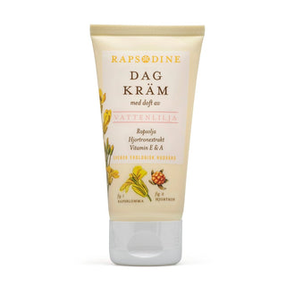Rapsodine Dagkräm Vattenlilja - Ekologisk hudvård med rapsolja och hjortronextrakt i 50ml tub. Återfuktar och skyddar känslig hud dagligen.