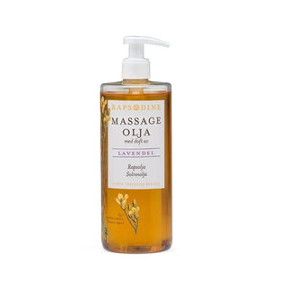 En pumpflaska med massageolja som doftar lavendel.