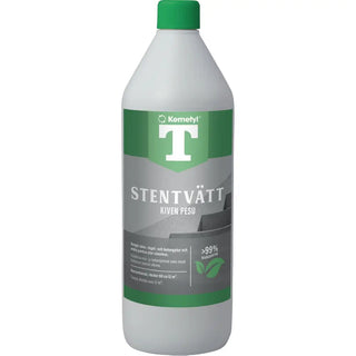 En flaska Kemetyl T Stentvätt för rengöring av stenytor, med över 99% biologiskt nedbrytbara ingredienser.