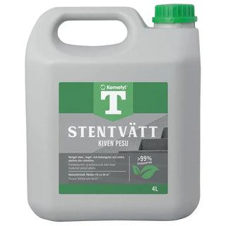 Grå plastkanna med stenrengöringsmedel med grönt lock.