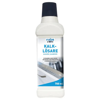 Vit plastflaska med kalkborttagningsmedel med mörkblå kapsyl.