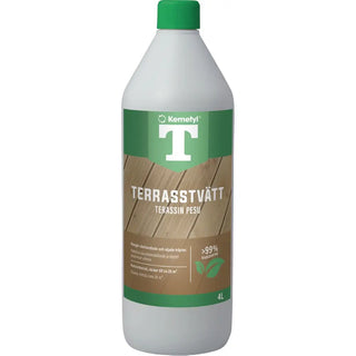 Vit flaska med grönt lock, innehållande 4 liter terrassrengöringsmedel.