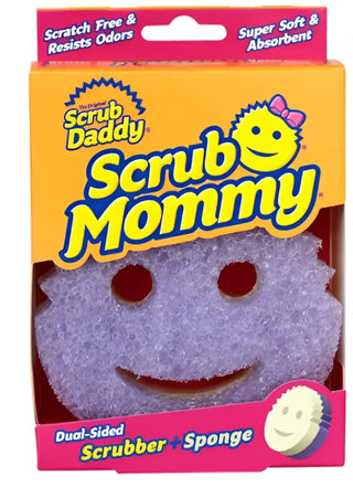 Lila tvåsidig skrubbsvamp med smiley-design.
