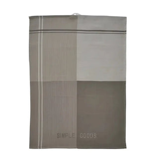 En rutig diskhandduk i taupe och offwhite med randiga detaljer.
