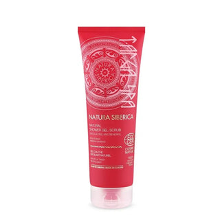 Röd tub med exfolierande duschgel.