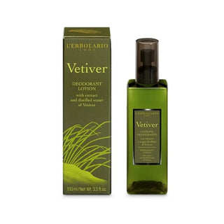 Vetiver deodorantlotion i mörkgrön ask och flaska.
